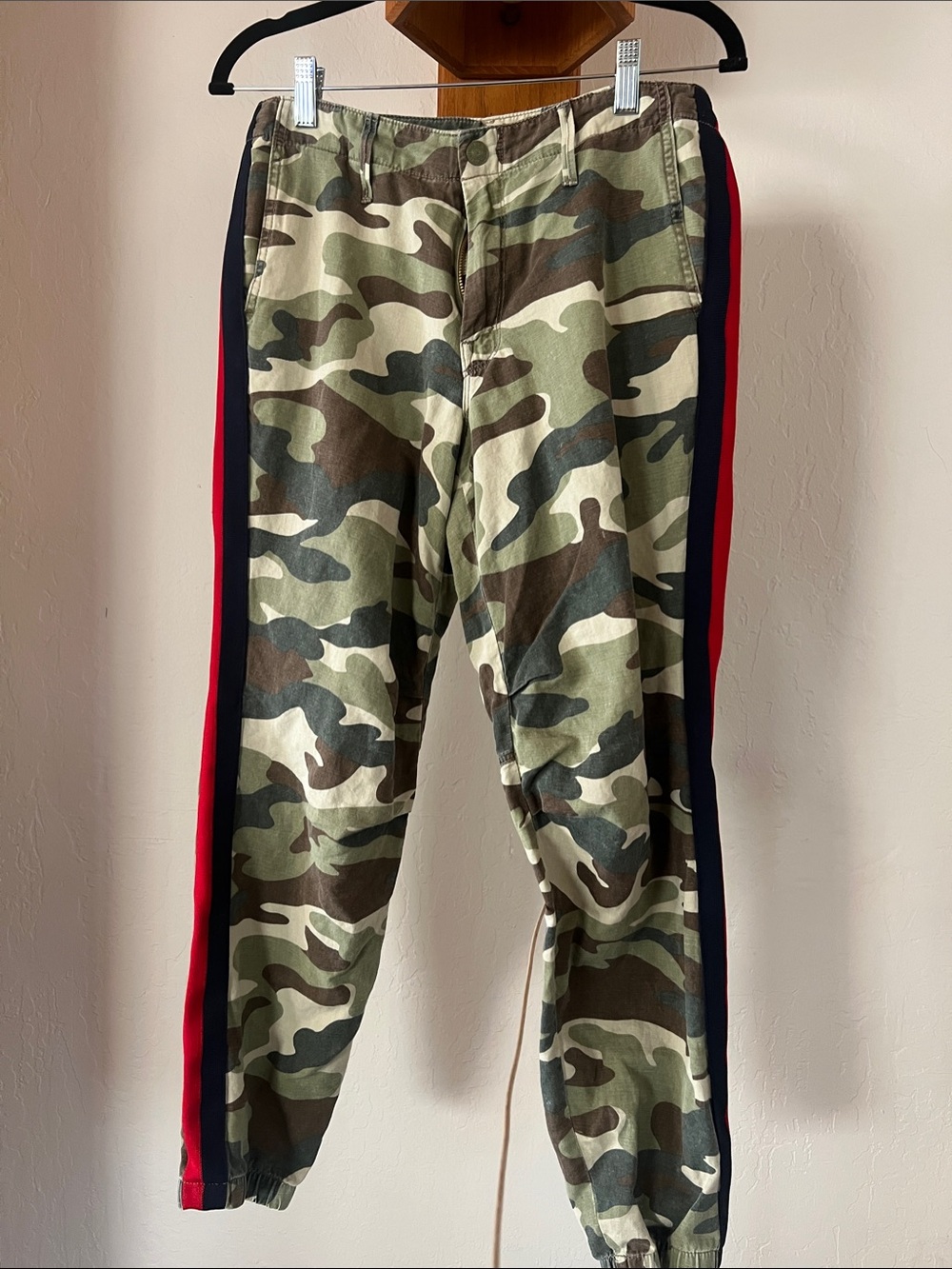 MOTHER Women's Camo Ankle Pants with Red & Black Side Stripes